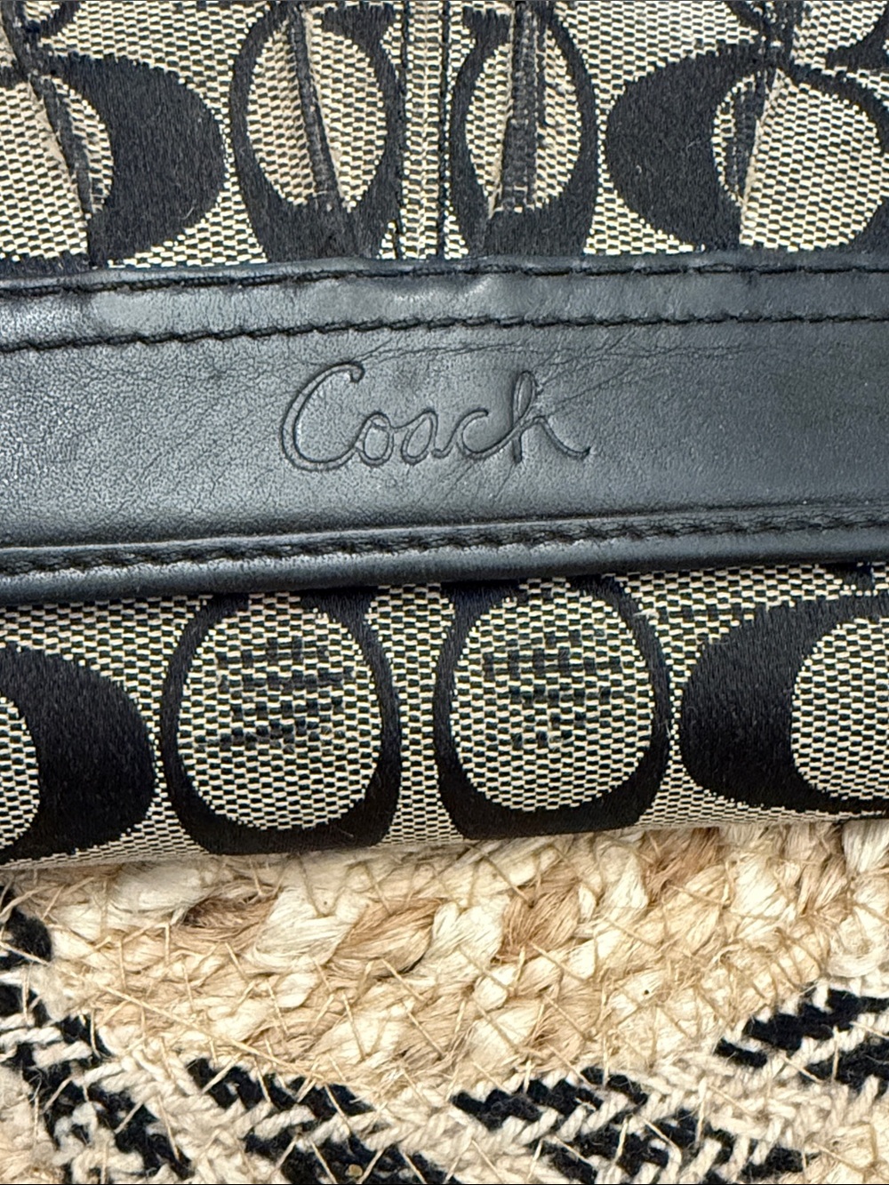 Coach Signature C Monogram Trifold Wallet Black Grey Jacquard Canvas Leather - Picture 7 of 11